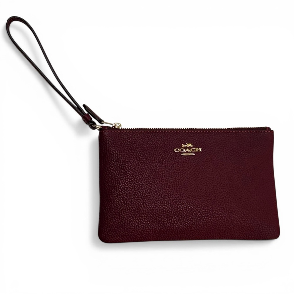 Coach Deep Red Polished Pebble Leather Small Zip-Top Wristlet